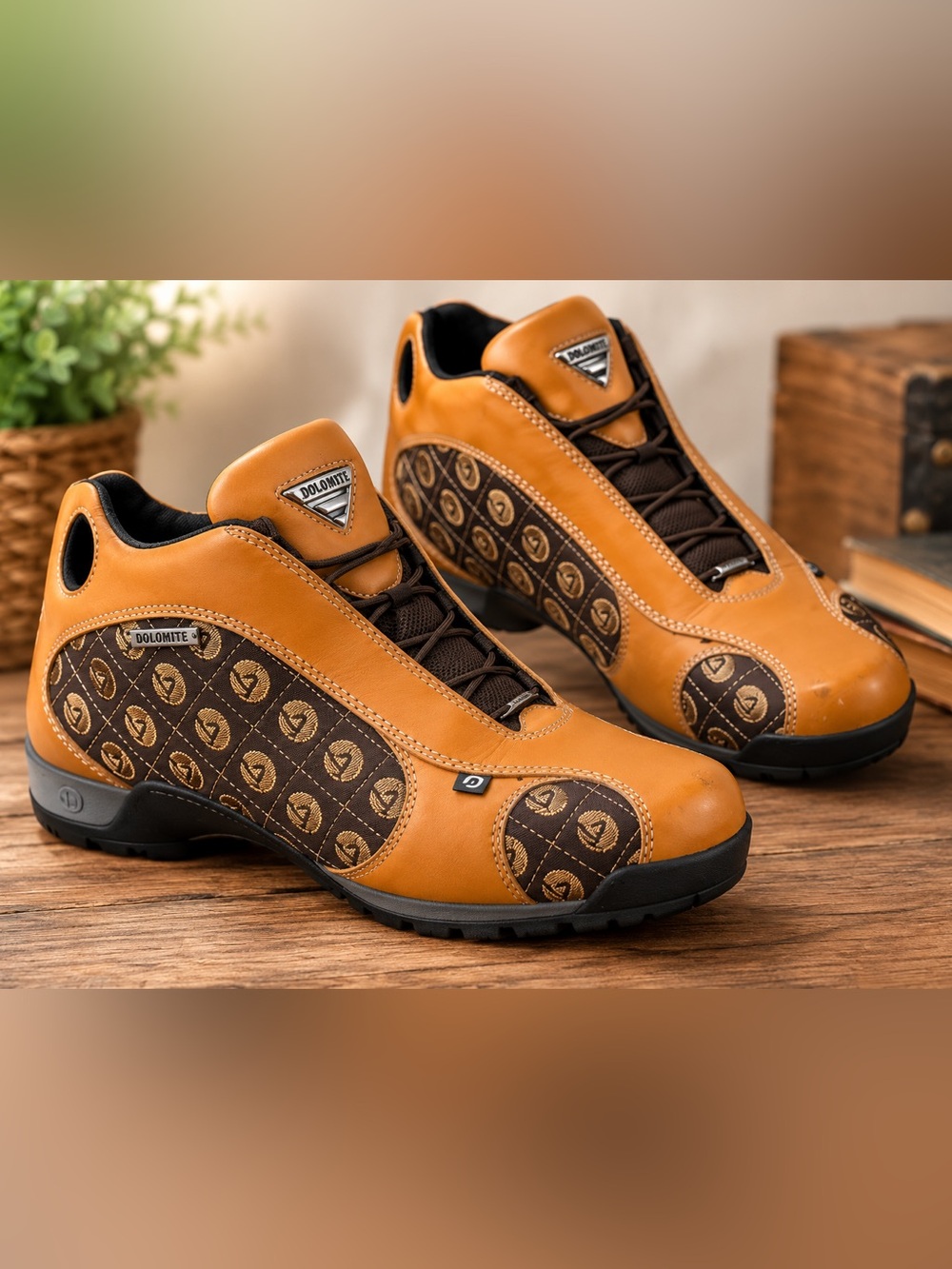 Men’s Tan and Brown Logo-Pattern Leather Sneakers